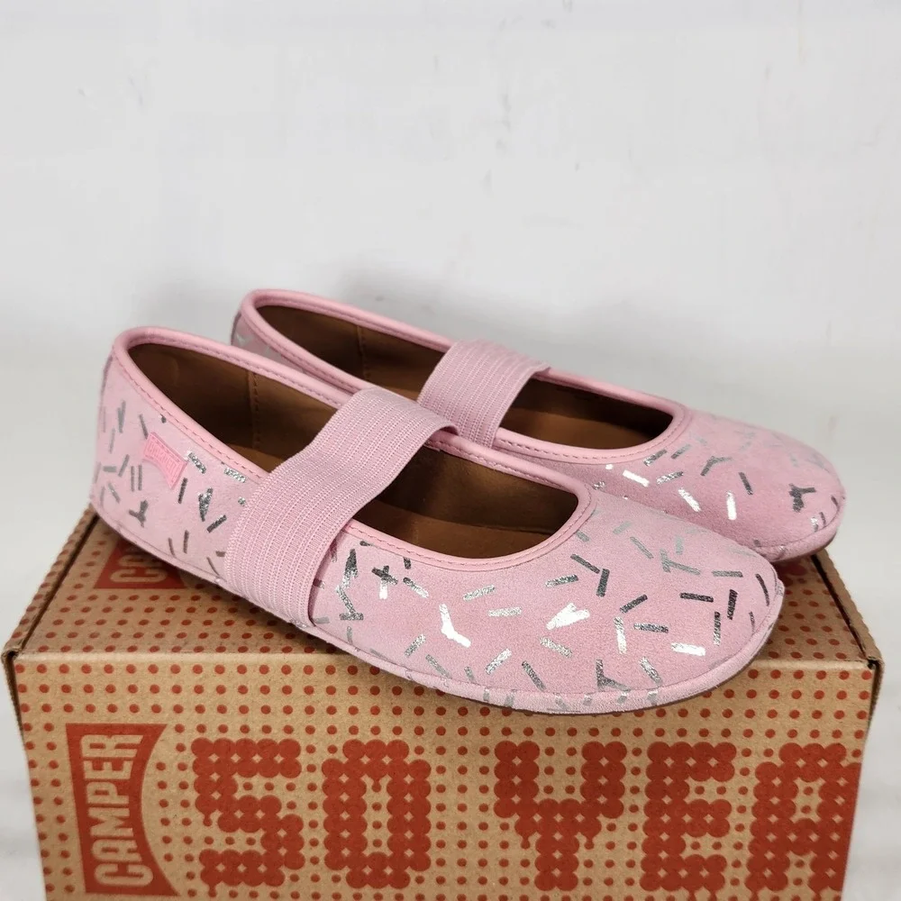 Camper Right Kids Ballet Flat Size 2 Pink Silver Confetti Metallic Suede Shoe